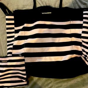 pink and black VS tote and makeup bag